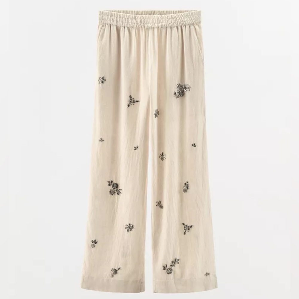 NWT ZARA JEWELED LINEN PANTS